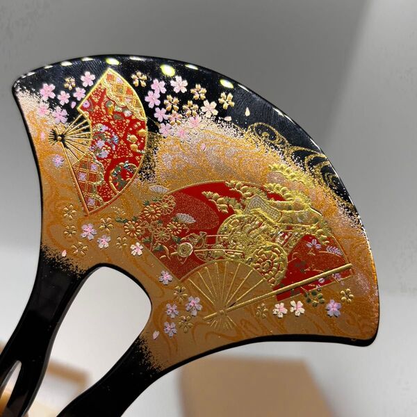 05 山中漆器 前十 金蒔絵 扇に牛車 桜バチ型 かんざし