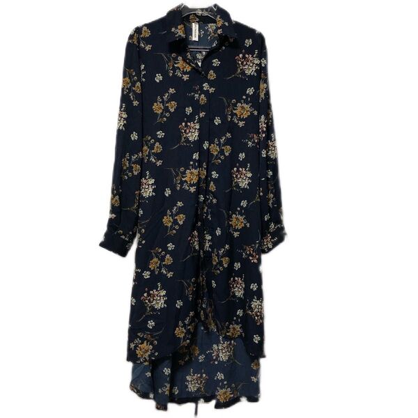 ⑤junoah ジュノア 花柄ロングシャツワンピース ネイビー Mサイズ ガウン マキシ丈 総柄 カジュアル ガーリー 長袖