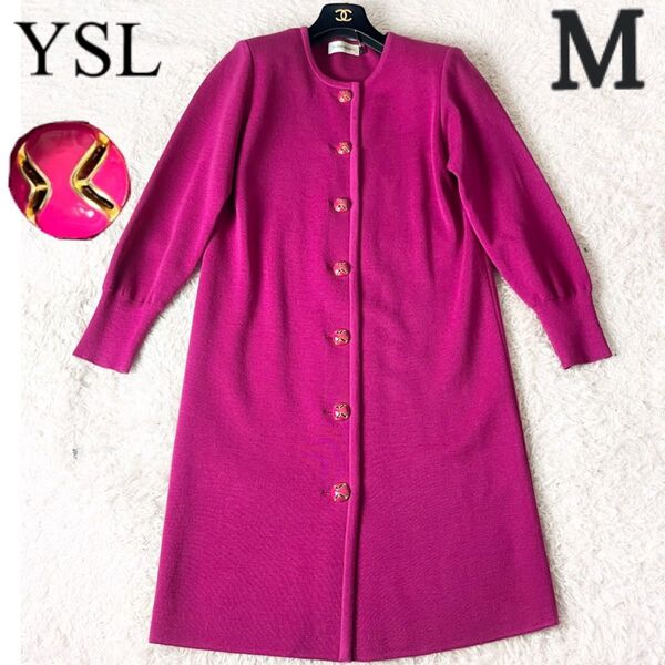 Yves Saint Laurent イヴサンローラン YSL エディ期 ニットワンピース ロング Aライン ボタン ピンク M