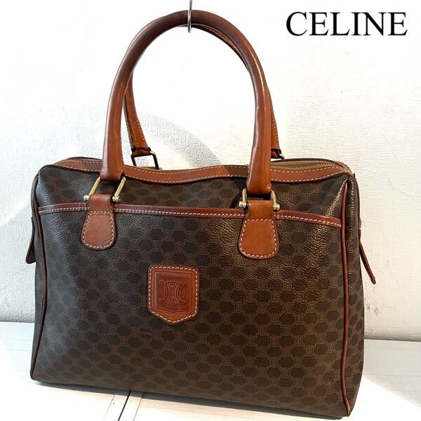 CELINE セリーヌ ミニボストン ボストンバッグ ハンドバッグ マカダム トリオンフ レザー ゴールド金具 ロゴ ブラウン