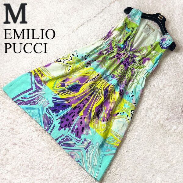 EMILIO PUCCI エミリオプッチ シルク 総柄 パーティー ドレス ワンピース ノースリーブ Aライン マルチカラー M