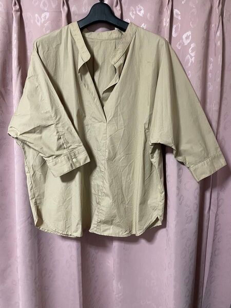 GU 七分袖 綿素材 スタンドカラー スキッパーシャツ ベージュ レディース ★M size