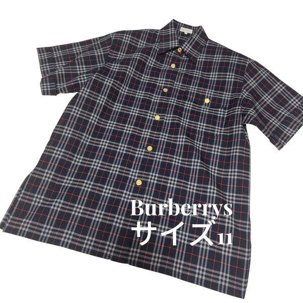 Burberrys バーバリー 半袖シャツ 金ボタン ノバチェック ネイビー L 11AR ヴィンテージ チェック 半袖