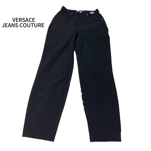 VERSACE JEANS COUTURE ヴェルサーチ ジーンズ メデューサ スラックス 金ボタン ロゴ パンツ ストライプ