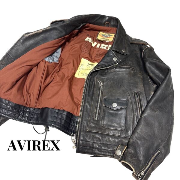 AVIREX アヴィレックス ダブルライダース ヴィンテージ 裏地 総柄 M レザージャケット 牛革 ブラック M ジャケット