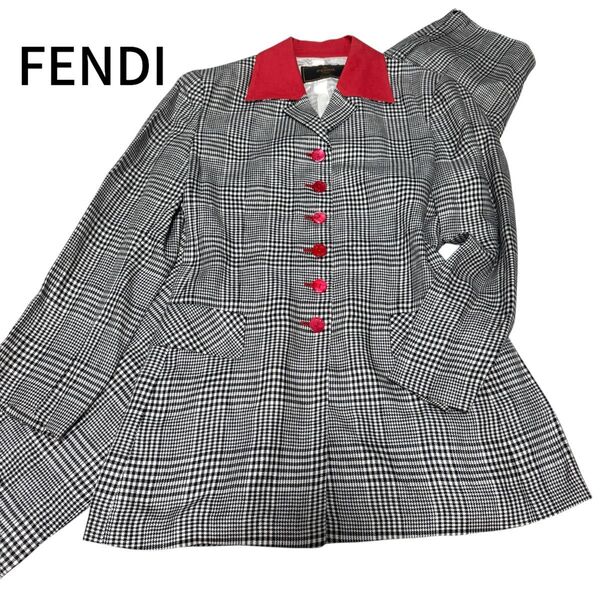 FENDI フェンディ リネン100 パンツスーツ 切り替え グレンチェック ロゴボタン セレモニー パーティ 千鳥格子 XL相当