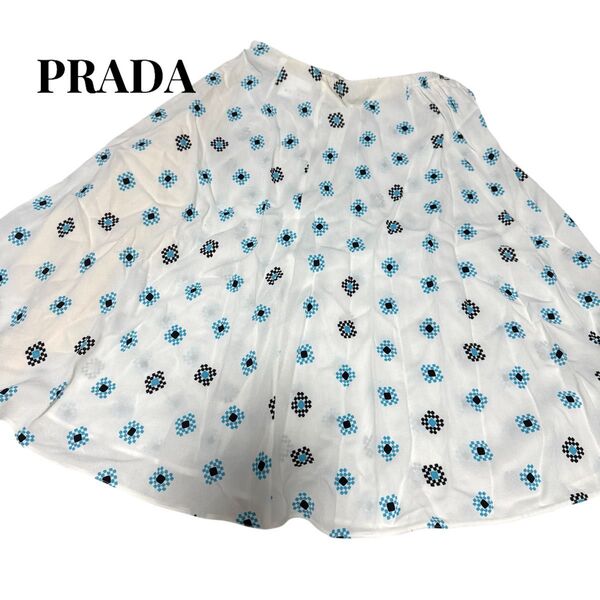 PRADA プラダ 花柄 フリルスカート フレア 38 M 現行品 近年 ギャザー ロング 総柄 ホワイト