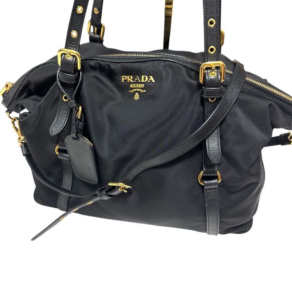 PRADA プラダ ロゴジャガード 2WAY ショルダーバッグ トートバッグ ゴールド ブラック 金具 ナイロン レザー A4