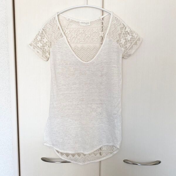 ZARA Tシャツ | レース 半袖 白 ザラ 麻 リネン Vネック 薄手 綿