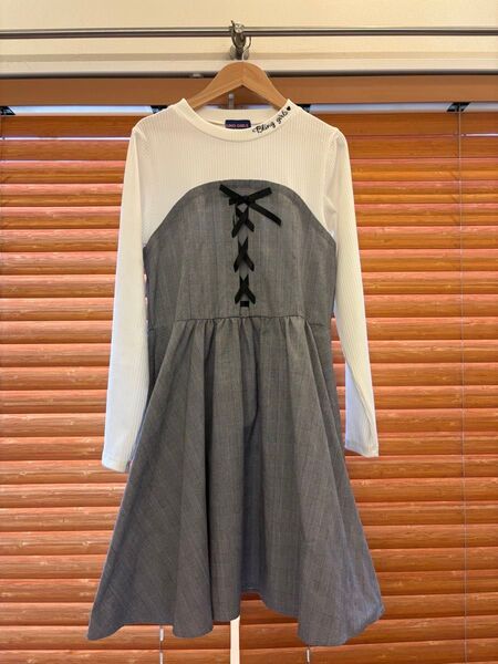 150cm ブリングガールズ テレコ長袖チェック柄ワンピース