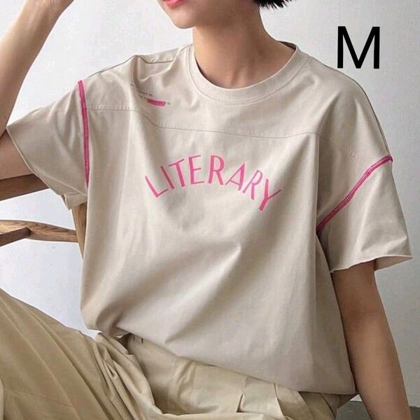 ピンクステッチ半袖Tシャツ レディーストップス SHEIN M ベージュ
