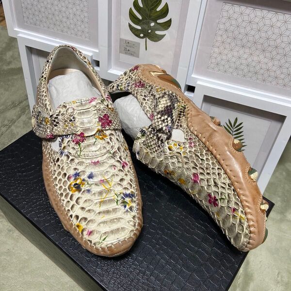 ★ヘビ革×花柄ペイント×レザー×ミリタリー 派手め、 面ファスナー ベルクロ ドライビングシューズ 未使用保管 26