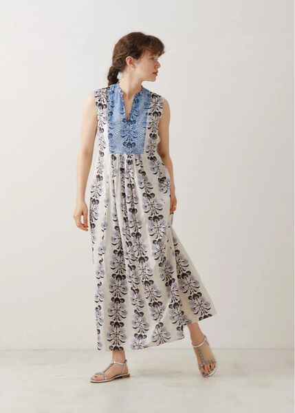 ヌキテパ Cotton Jacquard Annabelle Print Embroidery Sleeveless Dress