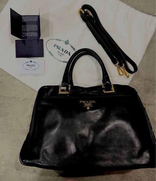 【PRADA/プラダ】リボン付きハンドバッグ 2WAY レザー ネロ 黒 BN2244【ショルダーストラップ未使用】