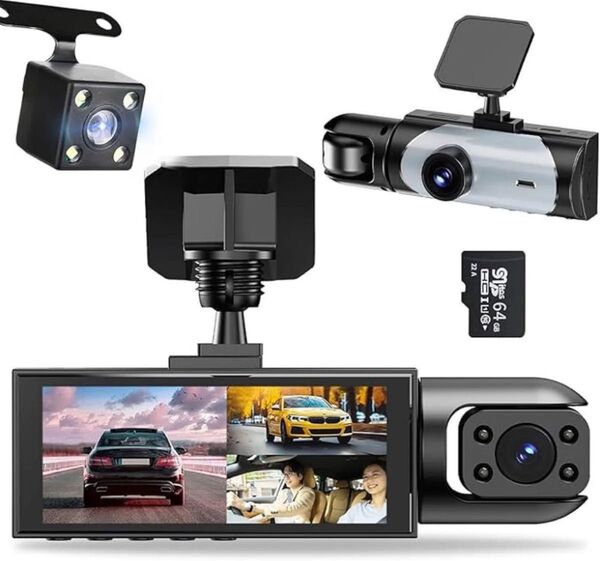 ドライブレコーダー 前後3カメラ フロント1080p 170度超広角 夜間撮影 LED暗視 Gセンサー 動体検知