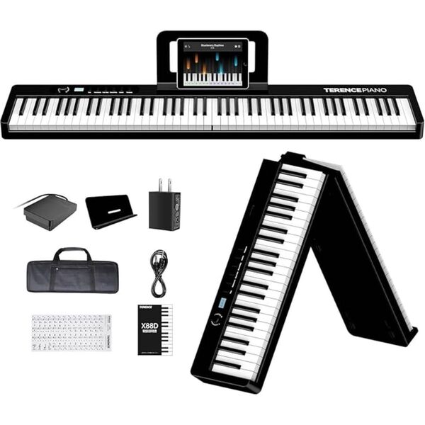 電子ピアノ 88鍵盤 折り畳み式 キーボード 充電型 MIDI機能 メトロノーム/録音 スピーカー内蔵 収納バッグ付き