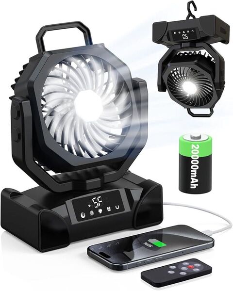 キャンプ扇風機 DCモーター 5段階風量 3色調光 LEDディスプレイ タッチ操作 TYPE-C 充電式 自動首振り タイマー