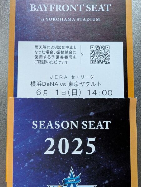 6月1日(日) 横浜DeNAベイスターズVSヤクルト 14時開始 シーズンシート BAYFRONT SEAT 通路側 2連番ペア