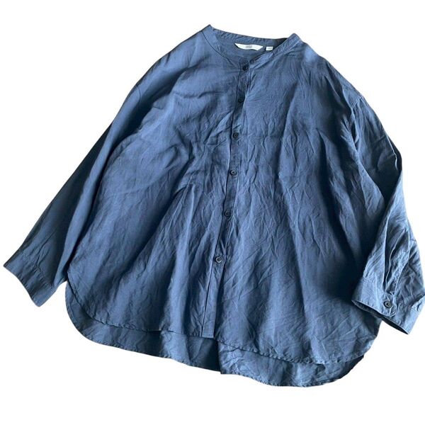 くすみブルー ユニクロシャツ レーヨン麻 夏涼しい生地 UNIQLO L ブラウス