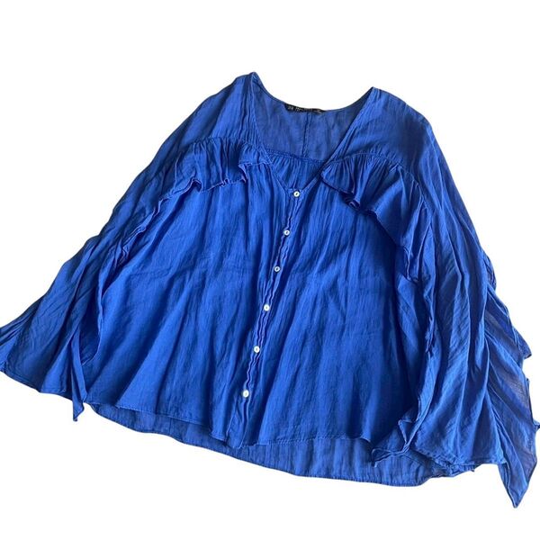 ZARA BASIC フリル付き長袖シャツ 鮮やかな青色 ザラ カーデシャツ 麻 ブルー系 無地
