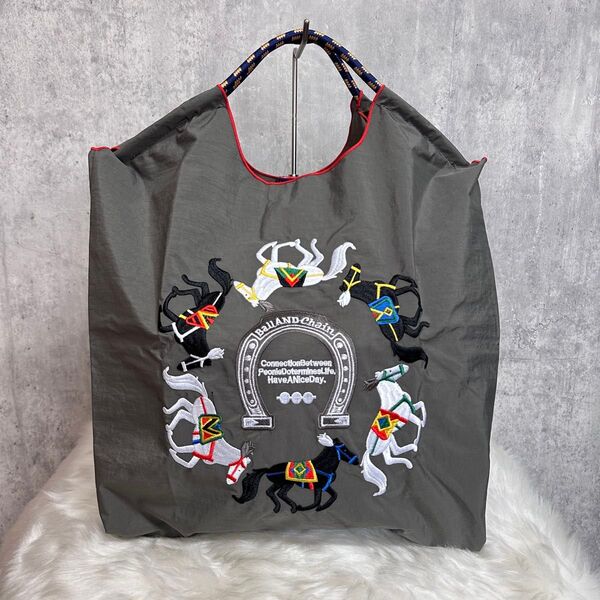 【新品】ボールアンドチェーン 刺繍ショッピングバッグ ホースシュー 韓国 エコバッグ 大容量 トートバッグ