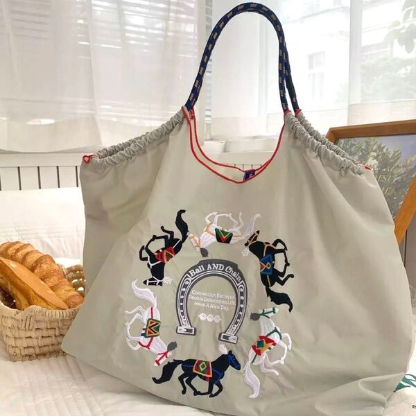 【新品】ボールアンドチェーン 刺繍ショッピングバッグ Lサイズ ホースシュー エコバッグ 大容量 軽量