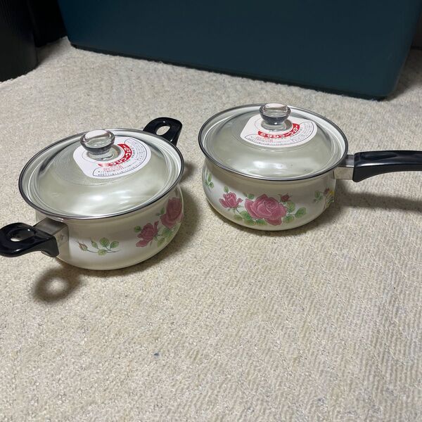 鍋 2つセット 両手鍋 片手鍋 昭和レトロ 調理器具 花柄