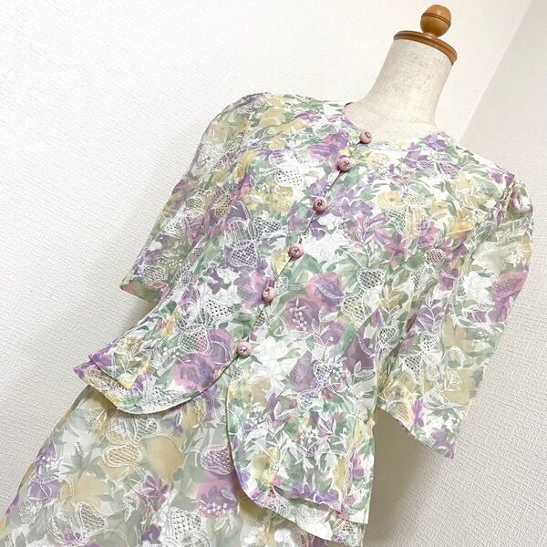 昭和レトロ ビンテージ 花柄 レース刺繍 総柄 5分袖 パフスリーブ ブラウス スカート セットアップ