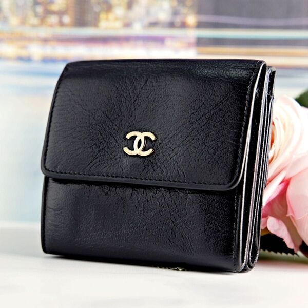CHANEL シャネル 三つ折り財布 ココマーク ブラック レザー