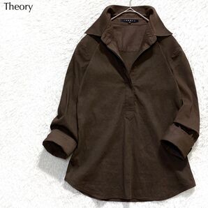 【美品】セオリー Theory リネン混 比翼仕立て シャツ ブラウス 上品 オフィス 麻 ブラウン