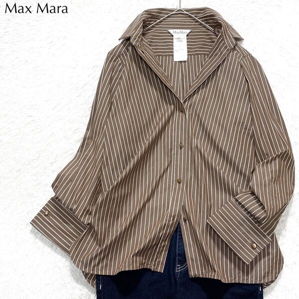 【極美品】マックスマーラ Max Mara 高級 白タグ ストライプ シャツ ブラウス オフィス 希少 上品 ブラウン 長袖