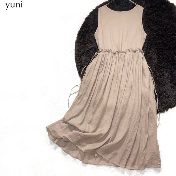 【美品】ユニ yuni リネンライク ギャザー ボリューム ワンピース ロング フレア ノースリーブ ふんわり