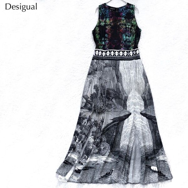 【新品】デシグアル Desigual フレア マキシ ワンピース ロング 総柄 ノースリーブ リゾート レイブ フェス 夏 海