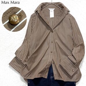 【極美品】マックスマーラ Max Mara 高級 白タグ ストライプ シャツ ブラウス オフィス 希少 上品 ブラウン 長袖