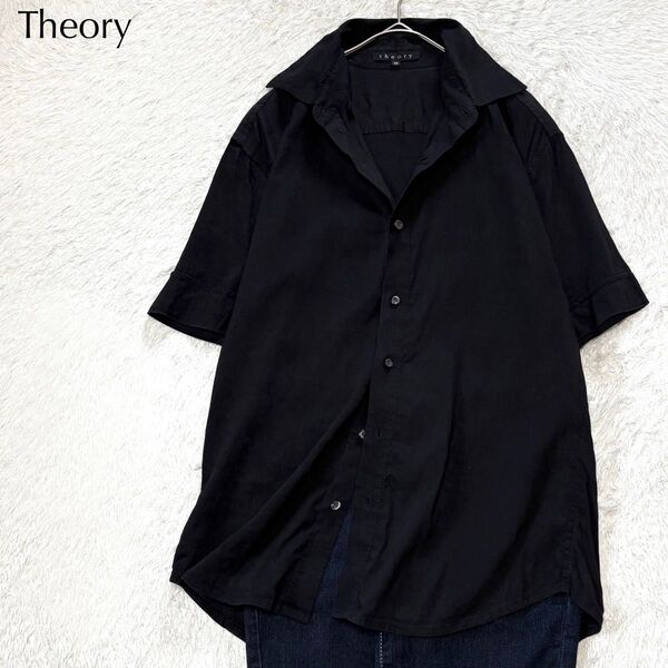 【美品】セオリー Theory リネン混 レギュラー シャツ ブラウス オフィス 羽織り 麻 半袖 ブラック 黒 オフィス
