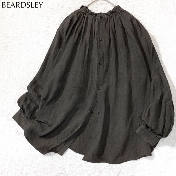 【美品】ビアズリー BEARDSLEY リネン ラミー 2way フリル スタンドカラー ブラウス ギャザー 羽織り ゆったり