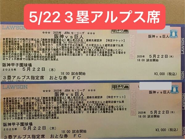 阪神タイガース 5/22 巨人 3塁アルプス 2枚 通路側
