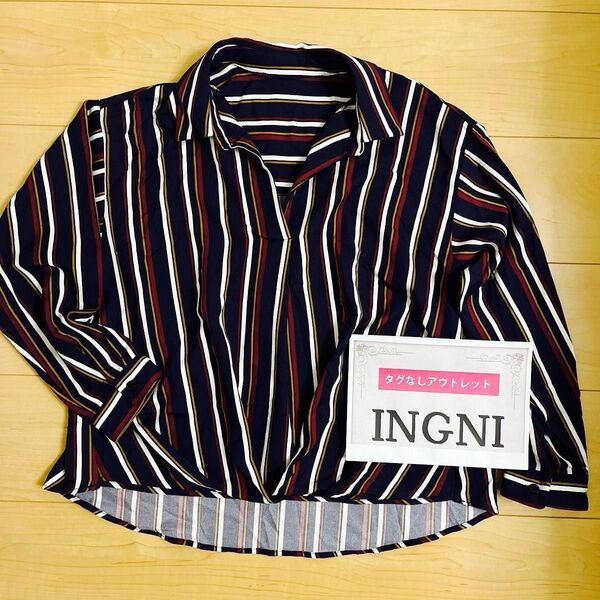 5月11日まで お値下げ中【 INGNI 】訳ありアウトレット品セール 袖タックマルチストライプ長袖スキッパー/シャツ マルチ