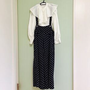 ドット柄サロペット おまけに INGNIの訳ありアウトレット品 BIGカラー長袖ブラウス(両方ともMサイズ)