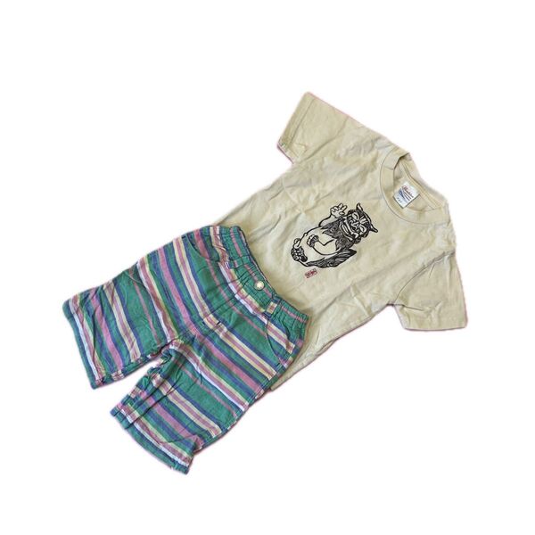 【500円均一】110サイズ シーサー柄のTシャツ と カラフルなボーダー柄のハーフパンツ まとめ売り 上下セット