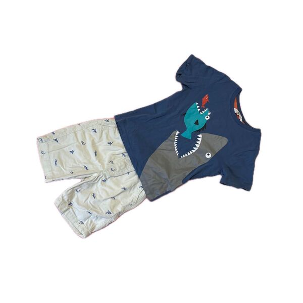 【500円均一】110サイズ 魚とサメ柄 H&MのTシャツ と UNIQLOのハーフパンツ まとめ売り 上下セット
