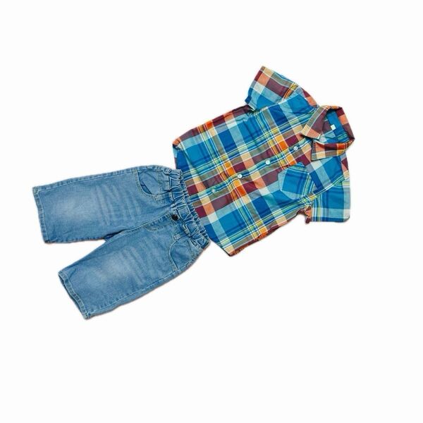 【500円均一】120サイズ 子供服 チェック柄半袖シャツ&デニムパンツ 2点セット まとめ売り キッズ 男の子