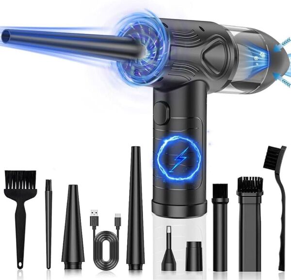 電動エアダスター ミニ 掃除機 空気入れ 1台3役 3段階風力調整 LEDライト付き 日本語取扱説明書付 BLAC