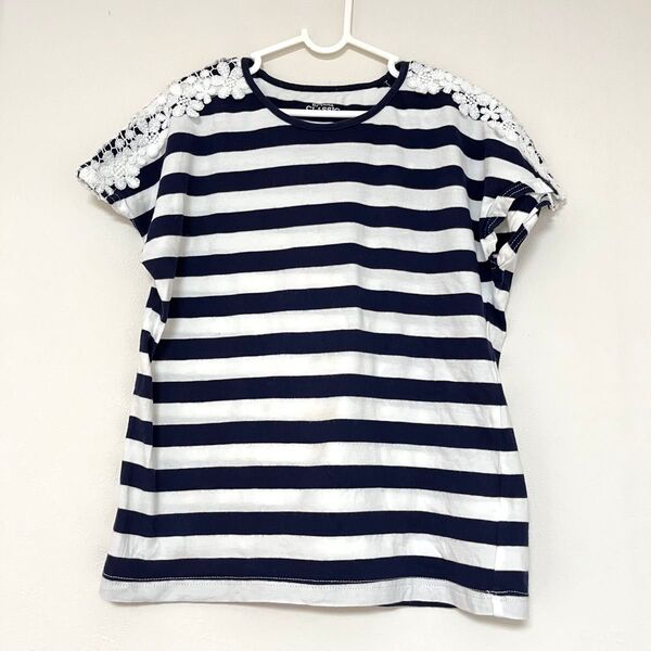 ボーダー カットソー 140 女の子 半袖 Tシャツ レース 綿100% 夏 半袖Tシャツ トップス
