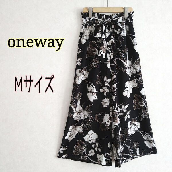 oneway ワンウェイ★トロピカルフラワープリント 花柄 総柄 ガウチョパンツ ワイドパンツ スカーチョ黒ブラックMウエストゴム