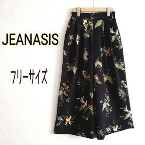 JEANASIS ジーナシス★トロピカルフラワープリント ボタニカル柄 花柄 総柄 ガウチョパンツ ワイドパンツ 黒Fウエストゴム