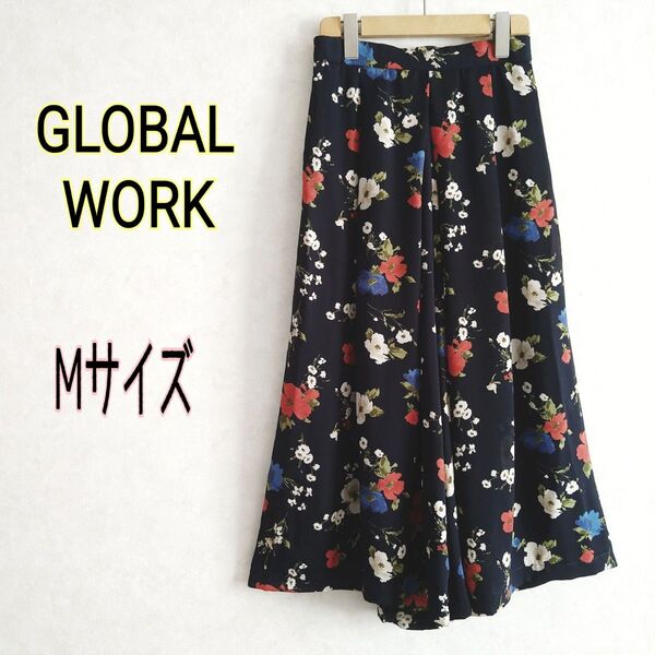 GLOBAL WORK グローバルワーク★花柄フラワープリント総柄ワイドパンツ ガウチョパンツ スカーチョ ネイビーMウエストゴム