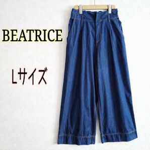 BEATRICE ベアトリス★涼しげ薄手ワイドデニムパンツ ハイウエスト股上深めバギーパンツ インディゴブルー40L ウエストゴム