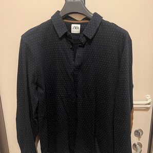 ZARA ドット柄 長袖シャツ メンズ ネイビー