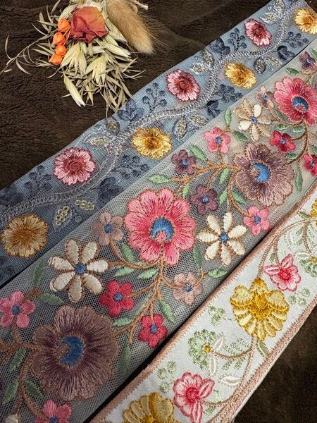 タイムセール!インド刺繍リボン おすそ分け ハンドメイド リボン 50cm×3本 セット売り フラワー